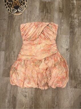 REVOLVE Strapless Peach-Pink Floral Bubble Hem Dress